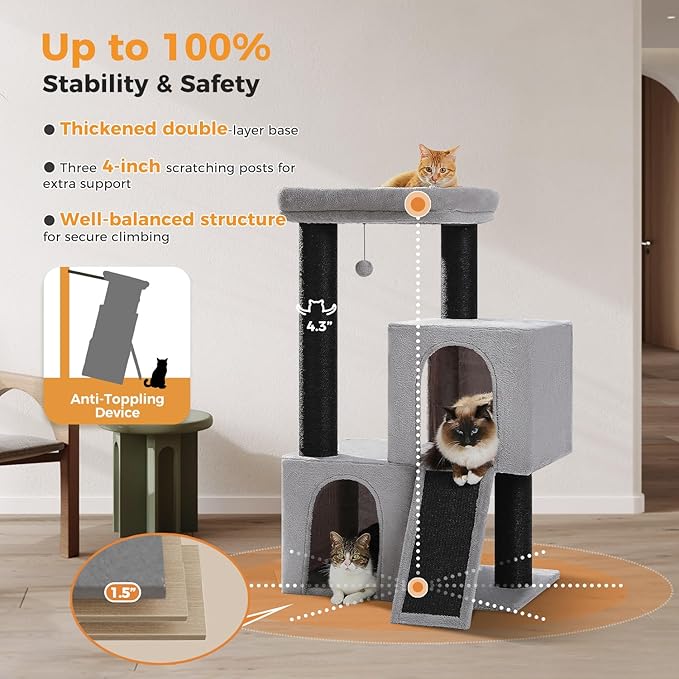 Cat Tree for Indoor Cats Adult, 45-Inch Heavy Duty Cat Tower with Sisal Scratching Ramp, 2 Cat Condo for Extra Large Cats, Big Top Perch, 3 Thick Black Scratching Posts (φ4.3) -Gray