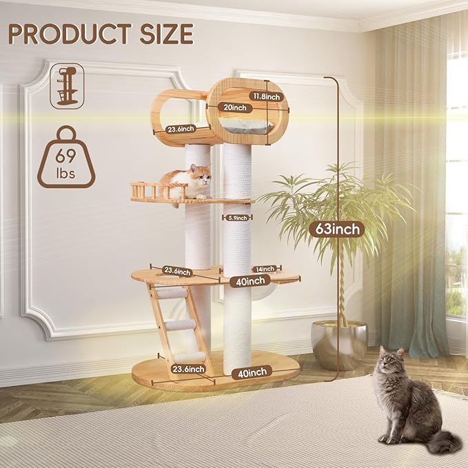 63'' Tall Solid Wood Modern Cat Tree Tower for Indoor Large Cats,Multi-Level Heavy Duty Cat Furniture with Condo Removable Cushion Sisal Scratching Posts Clear Bowl Hammock for Maine Coon