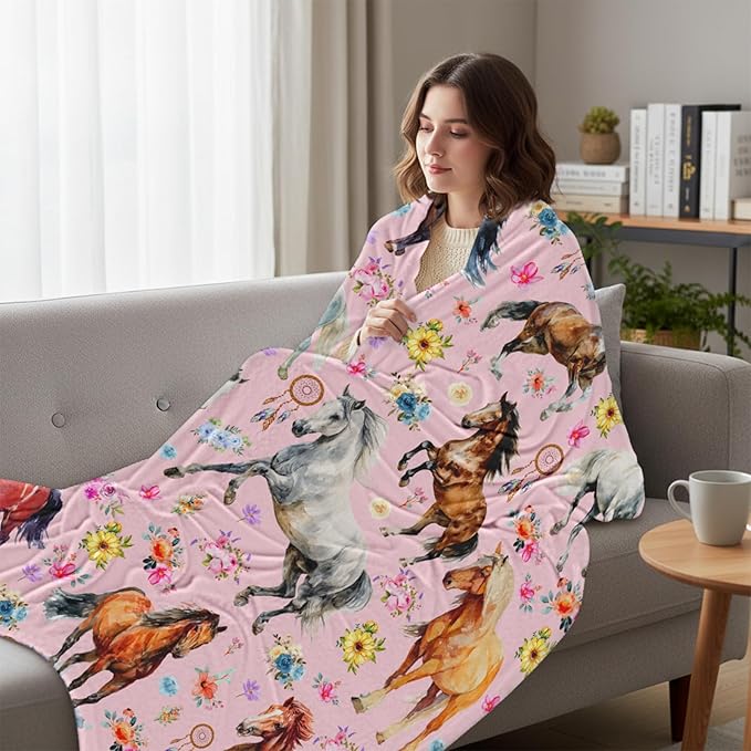 Horse Blanket for Girls Women, Soft Flannel Fleece Throw Gifts, Lightweight Cozy Pink Horse Decor Blanket 40"x50"