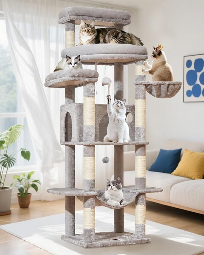 Taoqimiao 71 Inches Cat Tree for Large Cats 20lbs+, 3 Giant Perches, Multi-Level Cat Tree Tower, Widened Cat Condo with 9 Scratching Posts, Luxurious Hammcock & Basket, Light Gray, MS034W