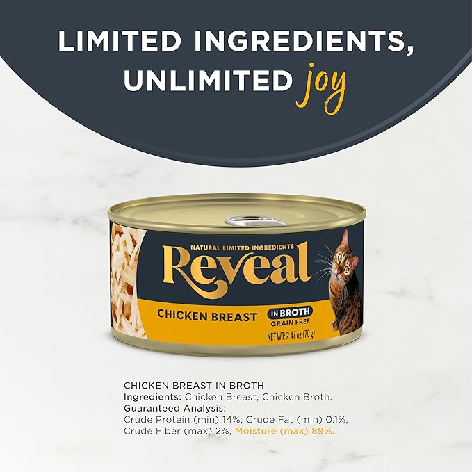 Reveal Natural Wet Canned Cat Food, Limited and Natural Ingredients, Grain Free, High Protein with No Artificial Additives, Chicken Breast in Broth (24 x 2.47 oz Cans)
