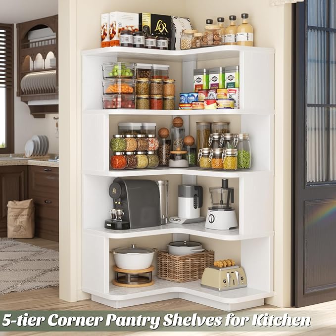 Armocity Corner Book Shelf - 5 Tier Corner Bookshelf Etagere Bookcase with Baffle, Freestanding L Shaped Display Shelf Stand for Home Office, Living Room, Bedroom, Kitchen, White