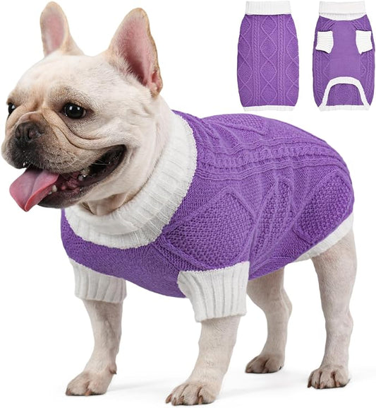 Dog Sweater for Medium Dogs Argyle Cable Knit Turtleneck Pullover Winter Clothes Boys Girls French Bulldog Dachshund Corgi Beagle Pug Pet (M, Purple)