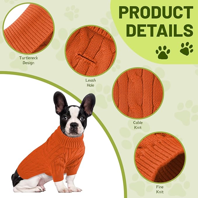 Small Dog Thermal Pullover Sweater, Classic Turtleneck Cable Knitwear Dog Clothes for Cold Weather Warm Pet Clothes for Chihuahua, Bulldog, Dachshund, Pug Orange Medium