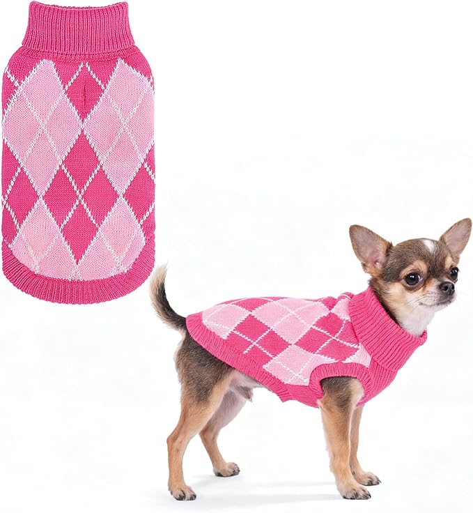 KOOLTAIL Small Dog Sweater, Knit Turtleneck Cold Weather Dog Sweaters for Medium Large Dogs, Soft Diamond Plaid Pullover Knitwear Pet Winter Warm Clothes,Pet Coat Puppy Sweater for Girls Boys,Pink XS