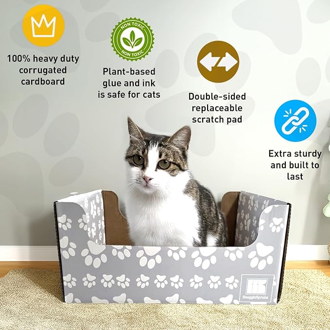 SnuggleSprunce 2-in-1 Cat Scratcher, Heavy Duty Scratching Toy, Eco-Friendly Cardboard Box with Refillable Double Sided Scratch Pad, for Cats and Kitty, Indoor Pet Furniture, Light Gray