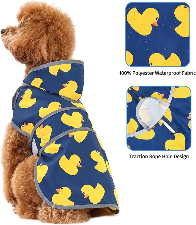 Dog Raincoat for Small Dogs Puppies Waterproof Hooded Rain Jacket with Reflective Strips Leash Hole & Poncho Adjustable Fit (Duck,XS)