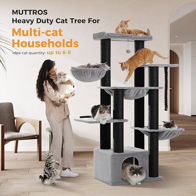 Maine Coon Cat Tree-67 Large Cat Tower for Indoor Cats Large Adult with 7 Thick Black Scratching Posts (φ4.3), Multi-Level Condo, Big Perch & Hammocks -Black