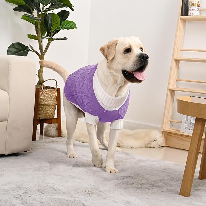 Dog Sweater for Large Dogs Argyle Cable Knit Turtleneck Pullover Winter Clothes Boys Girls Stretch Golden Retriever Labrador Bulldog Pitbull Doberman Pet (XL, Purple)