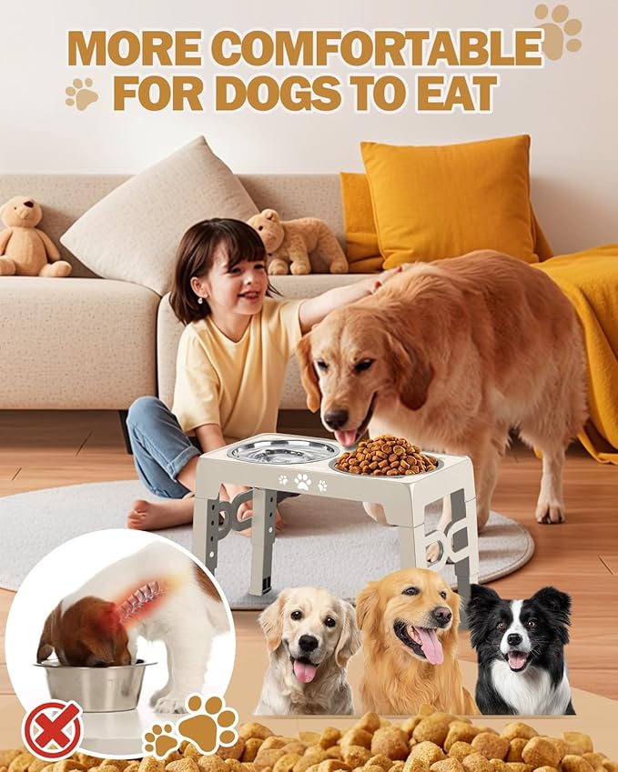 Elevated Dog Bowls, Dog Feeder with 2 Stainless Steel Dishes &1 Slow Feeder Bowl, 5 Heights Adjustable Raised Stand for Medium Large, Food Dishes with Non-Slip Feet