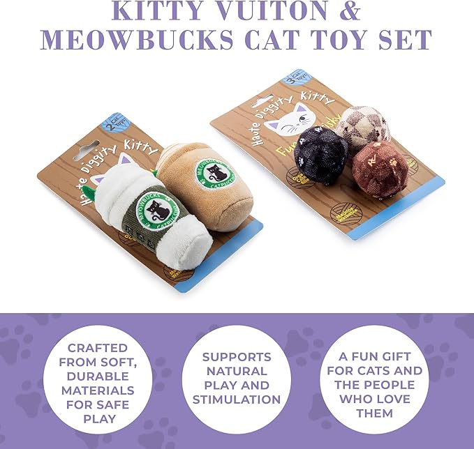 Vuiton Checker Balls + Meowbucks Catpuccino Set, Plush Cat Toys Catnip Filled with Interactive Crackle Sound, Safe & Durable Toys for Cat & Kitten, 5 Pcs