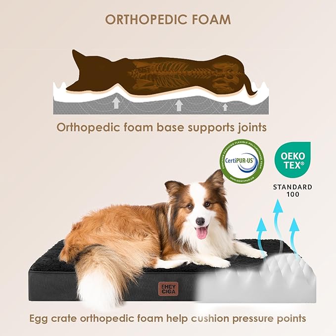 EHEYCIGA Orthopedic Dog Beds for Large Dogs with Removable Washable Cover for Crate, Black, 35x23