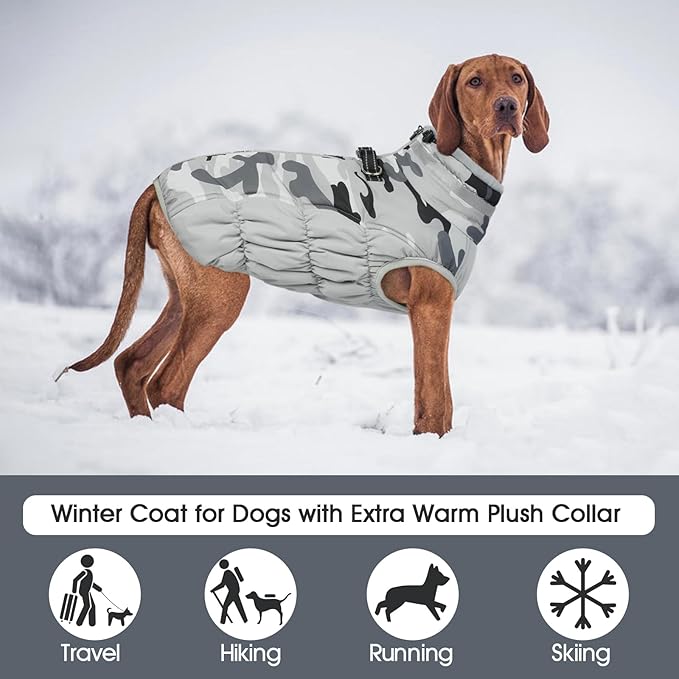 FUAMEY Dog Coat for Large Dogs,Waterproof Dog Winter Jacket with Harness Built in Puppy Cold Weather Coats Reflective Pet Vest with Zipper Warm Fleece Dogs Snowsuit Windproof Grey Camo L