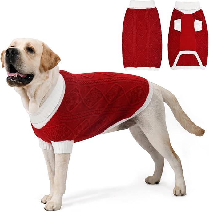 Dog Sweater for Large Dogs Argyle Cable Knit Turtleneck Pullover Winter Clothes Boys Girls Stretch Golden Retriever Labrador Bulldog Pitbull Doberman Pet (XL, Red)