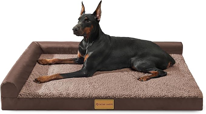Patas Lague Orthopedic XL Dog Bed Large Sized Dog 42''X28'', Waterproof L Bolster Big Large Pet Sofa Beds with Removable Washable Cover, Soft Comfortable Pet Couch Crate Mat with Nonskid Bottom, Brown