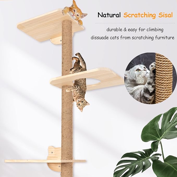 Cat Tree Wall Mounted Tall Scratching Post for Indoor Cats Climbing Tower Activity Wood Cat Wall Furniture 73 inch