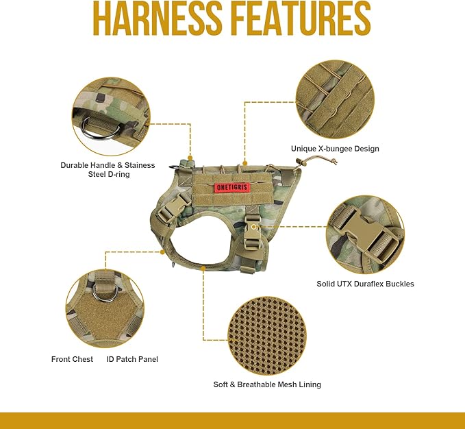 OneTigris Tactical Dog Harness Vest,No-Pull Service Dog Vest with Hook & Loop Panels,Adjustable Dog Vest Harness for Walking Hiking Training(CamoColor,XS)