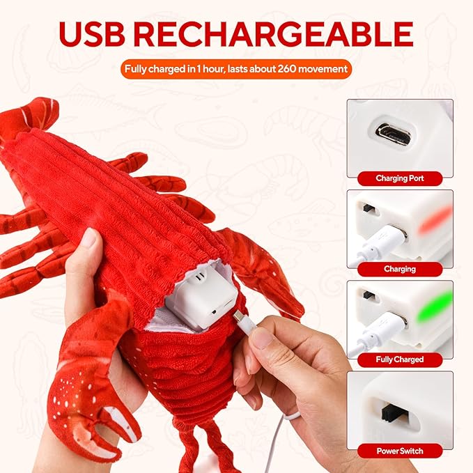 Flappy Lobster Cat Toy, Interactive Flapping Cat Toys for Indoor Cats, Touch Activated Pet Toys with Refillable Catnip, USB Rechargeable