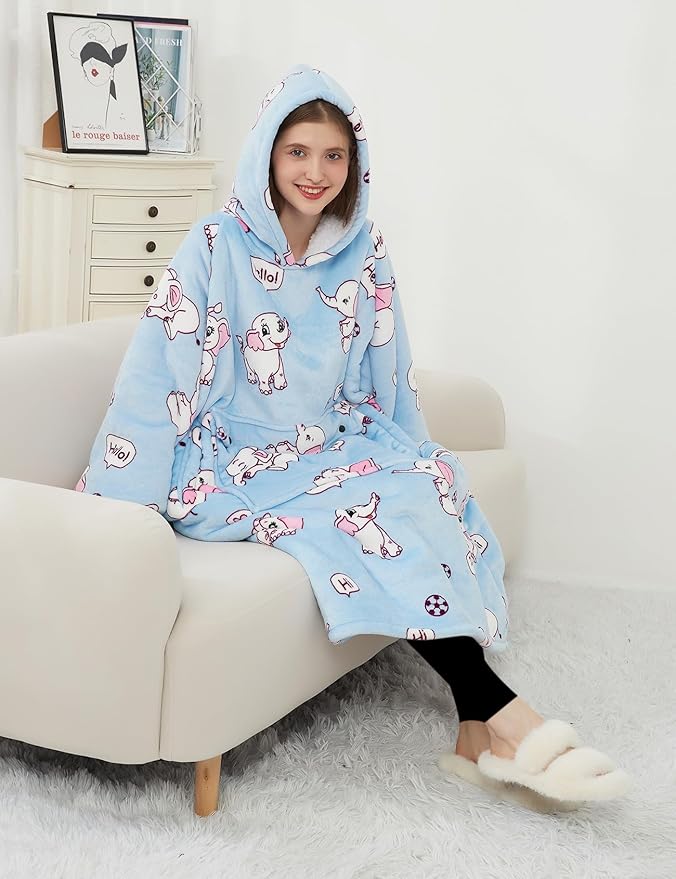 KFUBUO Wearable Blanket Hoodie for Adult Long Sherpa All Patterns Elephant Oversized Hoodie Sweatshirt Blanket Cute Birthday Gifts for Women
