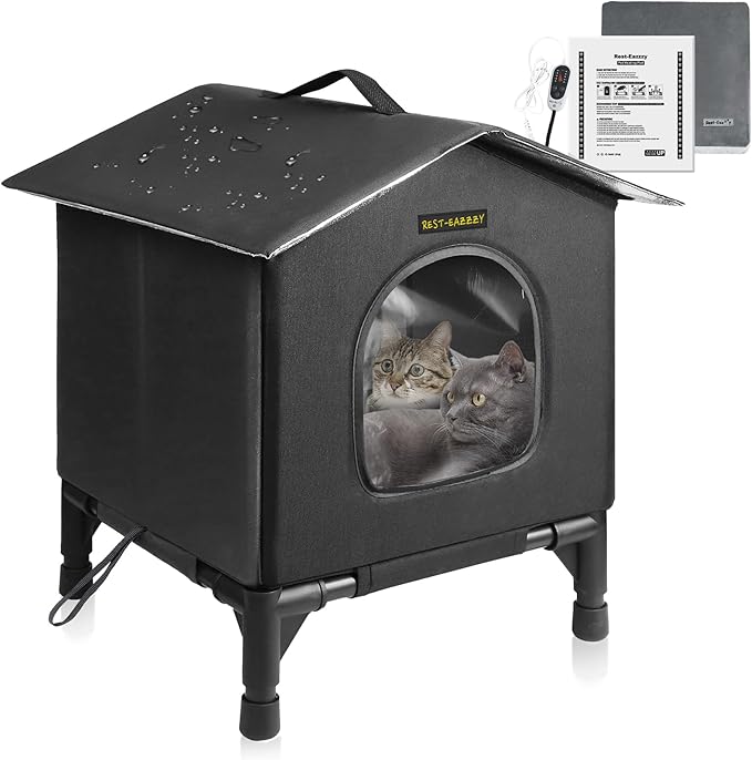 Rest-Eazzzy Heated Cat House for Indoor Cats in Winter, Waterproof, Fully Insulated Shelter, Great for Cat Houses and Cat Beds (Black, Small)