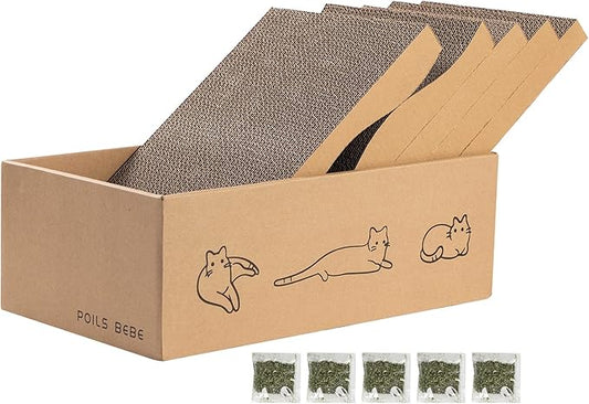 Poils bebe 5 PCS Cat Scratcher with Box, Reversible Cat Scratchers for Indoor Cats, Cardboard Cat Scratcher with Catnip, 2 Curved and 3 Flat Boards for Scratching Bed