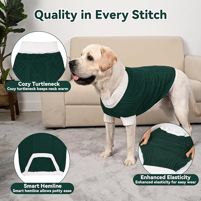 Dog Sweater for Large Dogs Argyle Cable Knit Turtleneck Pullover Winter Clothes Boys Girls Stretch Golden Retriever Labrador Bulldog Pitbull Doberman Pet (XXL, Green)