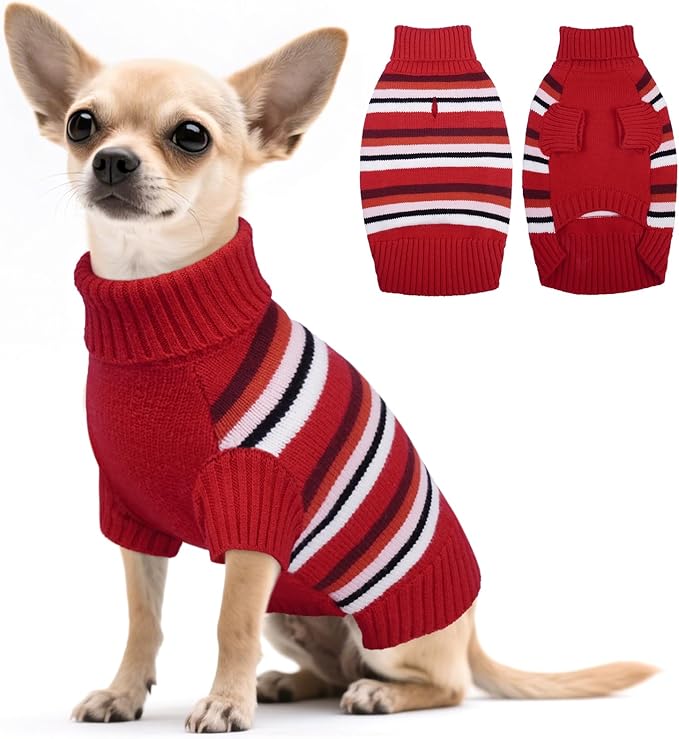 Kuoser XS Striped Dog Sweater | Tiny Breed Xmas Warmth, Turtleneck, Stripe Cozy, Pup Loves, Owner Calm, Red XS