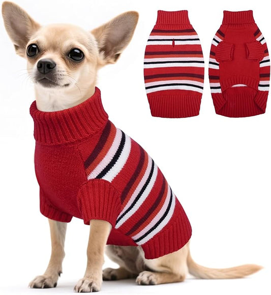Kuoser XS Striped Dog Sweater | Tiny Breed Xmas Warmth, Turtleneck, Stripe Cozy, Pup Loves, Owner Calm, Red XS