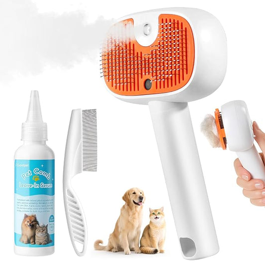 Pet Steam Brush for Dog &Cat, 3-in-1 Self-Cleaning Dog Brush Pet Spray Hair Removal Comb, 2 Spray Modes Rechargeable Deshedding Dog Steam Spray Hair Brush for Shedding Massaging Cleaning (White)