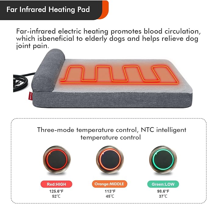 Heated Dog Bed,Heating pad Orthopedic Dog Bed with Memory Foam, Heated Pet Bed & Removable Waterproof Cover for Medium, Large, Jumbo Dogs/L