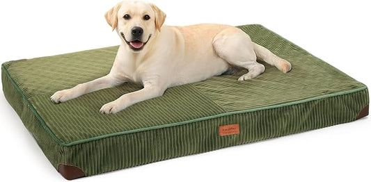 FUKUMARU Dog Bed, Plush Corduroy Orthopedic Dog Beds with Washable Cover, Large Waterproof Dogs Bed for Crate, Egg Crate Foam Support Pet Mat, Cozy Pet Bed Mat with Anti-Slip Bottom, Green