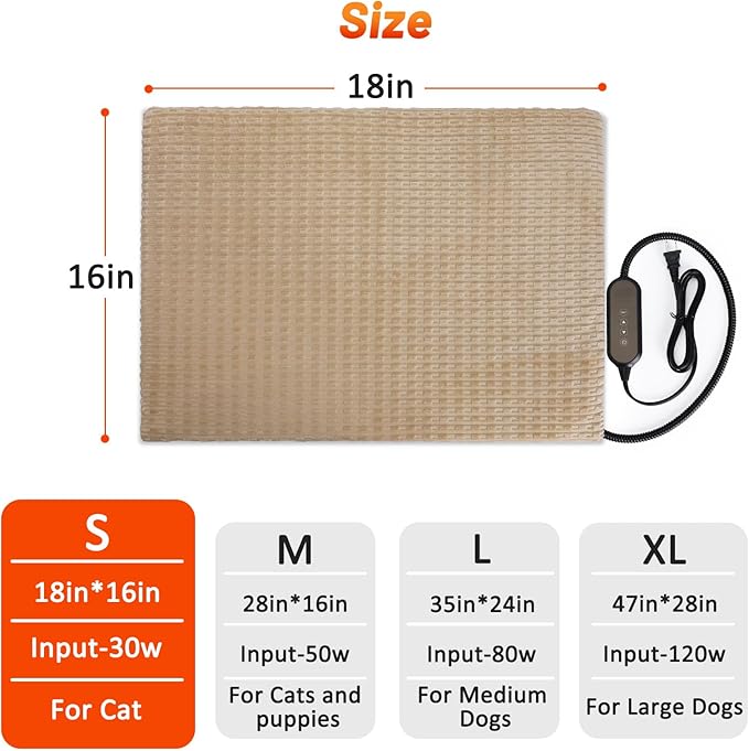 Heated Cat Bed, Waterproof Heated Cat Dog Bed with Adjustable Temperature & Timer, Electric Pet Mat for Indoor Cats Dogs, Chew Resistant Steel Cord（Small: 18"x16" Brown）
