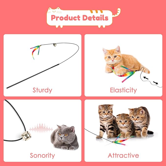 SHENGSEN Feather Wand Cat Toy，Bouncy Ball with Tail Cat Toys，Magic Worm with Large Colorful Ball Toy for Cats，Cat Feather Toys for Indoor Cats,Colorful Fuzzy Worm Bouncy Balls Cat Toy