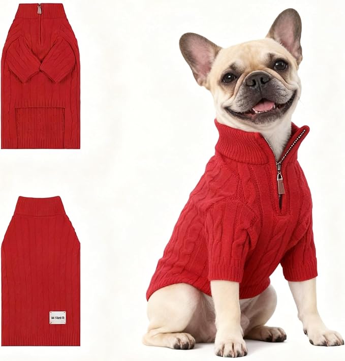 Medium/Large Dog Sweater, Warm Dog Winter Coat w/Sleeves, Comfortable High Neck Premium Dog Clothes for Bulldog-Best for Holidays, Daily Walks L Red