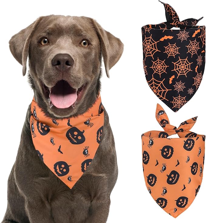 Kytely Halloween Dog Bandanas 2 Pack, Reversible Triangle Dog Bandanas for Boy and Girl, Multiple Sizes Offered, Pumpkin and Spider Web Bibs Fall Pet Scarf, Premium Durable Fabric (Large)