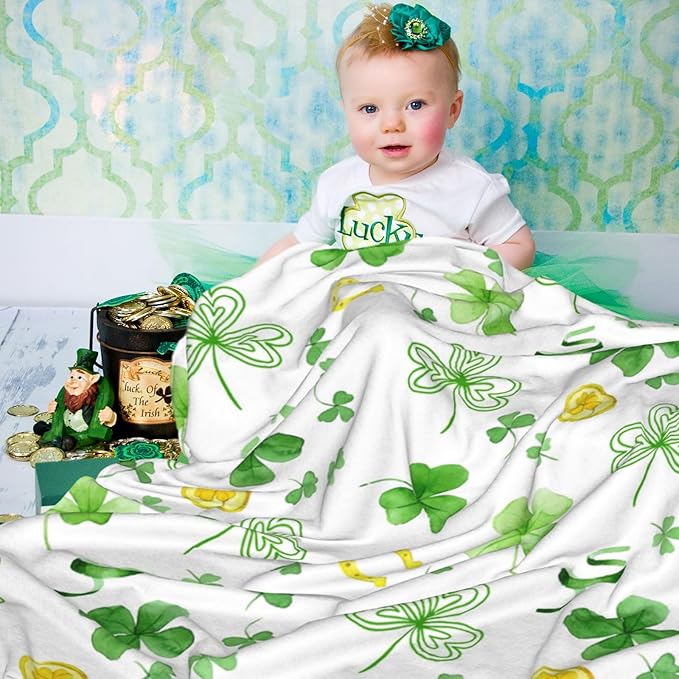 Greens Clovers St. Patrick's Day Blanket, Ireland Lucky Shamrock Throw Blanket, Gold Coin Horseshoe Fleece Blanket, Lightweight Soft Warm Flannel Blanket for Couch Sofa Chair, 50 x 60 Inch