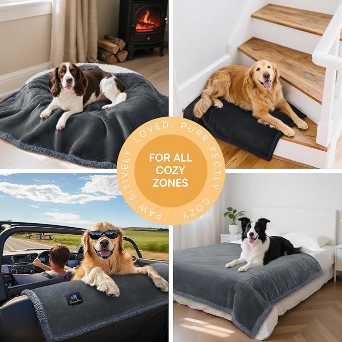 Luciphia Waterproof Blanket for Large Dogs Liquid Proof Furniture Protector Washable Pet Reversible Bed Cover for Couch Soft Sherpa Fleece Cat Blanket for Small Medium Grey X-Large（85" x 57"）