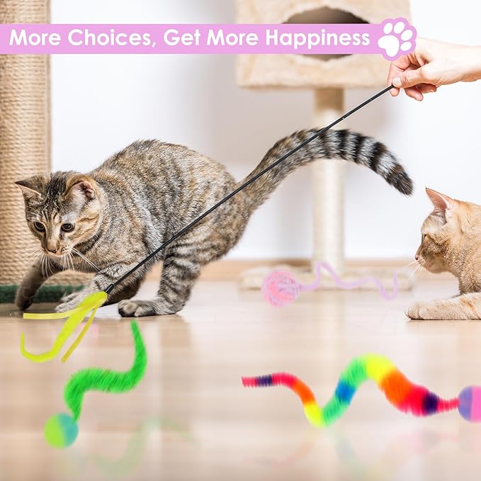SHENGSEN Feather Wand Cat Toy,Bouncy Ball with Tail Cat Toys,Magic Worm with Large Colorful Ball Toy for Cats,Cat Feather Toys for Indoor Cats,Colorful Fuzzy Worm Bouncy Balls Cat Toy (ADM102-B-3B)