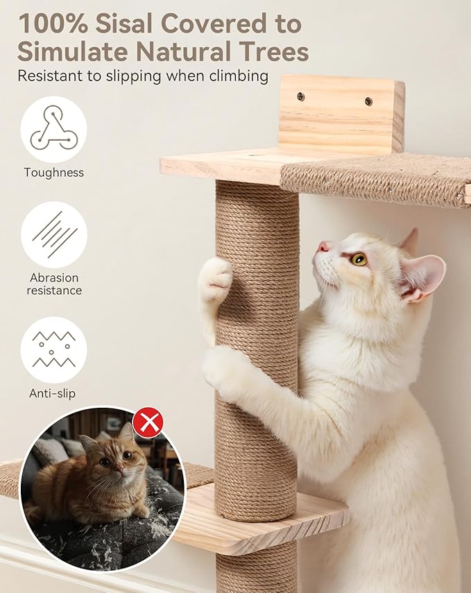 PawGiant Tall Cat Tree for Wall 83.9inch, Wood Cat Wall Shelves for Kittens, Wall-Mounted Cat Tower with Scratching Post for Play, Climb & Scratching, 5 Tier Platforms