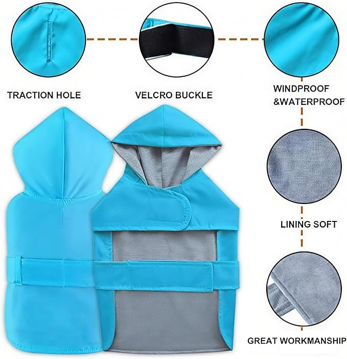 Dog Raincoat Dog Rain Jacket Poncho Waterproof Pet Rain Suit Double Layer Breathable Lining Hooded Leash Hole Adjustable Puppy Small Medium Dogs,Blue,M