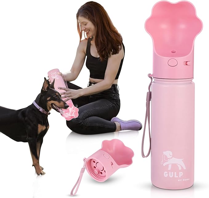 Gulp by Duna 18oz Dog Travel Water Bottle with Paw-Shaped Bowl – Insulated Stainless Steel, Leakproof & Portable with Carry Strap – Outdoor Walking, Hiking & Pet Hydration On-The-Go – Pink