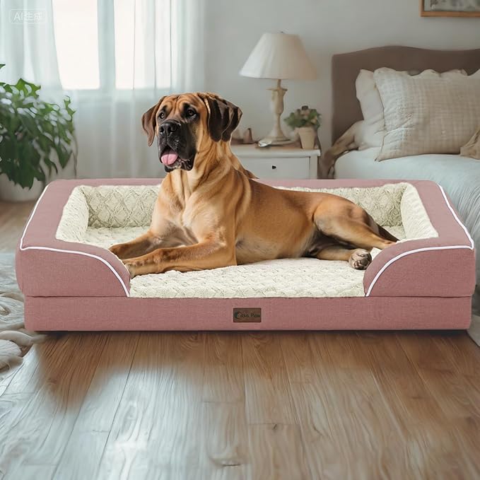 Orthopedic Dog Beds for Large Sized Dogs, Waterproof Memory Foam Large Pet Bed with Sides 36x27Inch, Non-Slip and Egg-Crate Foam Big Dog Couch Bed with Removable Washable Cover, Pink