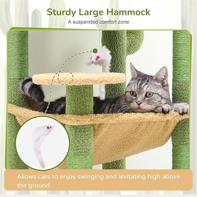 Globlazer Cactus Cat Tree Tower with Scratching Post for Indoor Cats, 53inch Tall Plush Multi-Level Cat Climbing Tower Condo with Large Hammock, Spacious Cat Cave, Padded Top Perch Bed, F53, Green