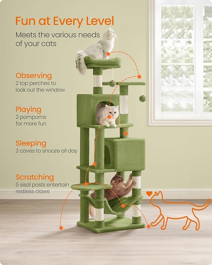 Feandrea Cat Tree, 61-Inch Cat Tower for Indoor Cats, Plush Multi-Level Cat Condo with 5 Scratching Posts, 2 Perches, 2 Caves, Hammock, 2 Pompoms, Grass Green UPCT192C02