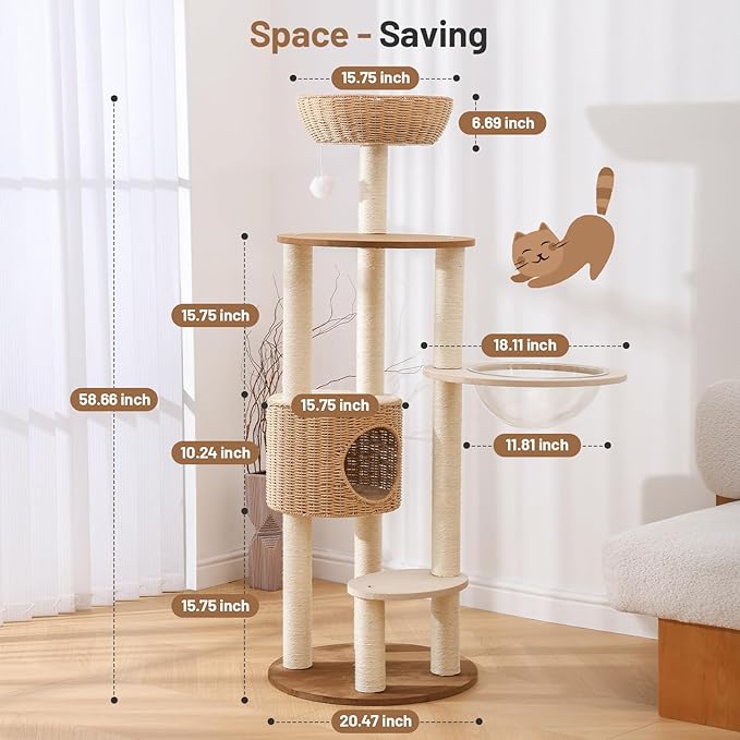 Rattan Cat Climbing Tower Condo with Scratching Post,Capsule,Basket,and Bed Modern Heavy Duty Cat Tree for Indoor Cat Large