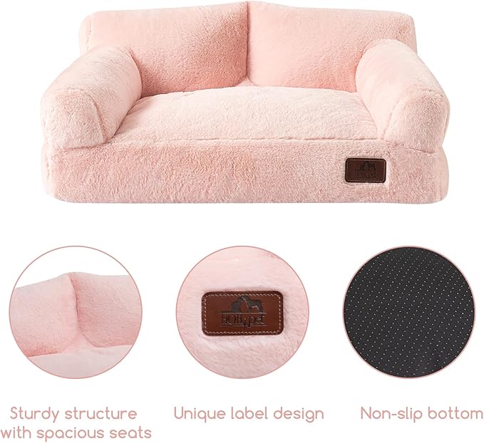 Hollypet Fluffy Plush Pet Cat Couch Soft Calming Pet Sofa Beds for Medium Small Cats and Dogs, Pink