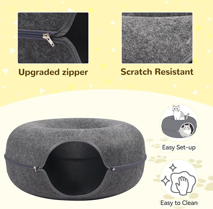 Cat Caves for Indoor Cats, Large Cat Tunnel for Multiple & Large Cats, Scratch Detachable Cave Bed, Kitten Donut Kitty Hideaway Up to 45 Lbs