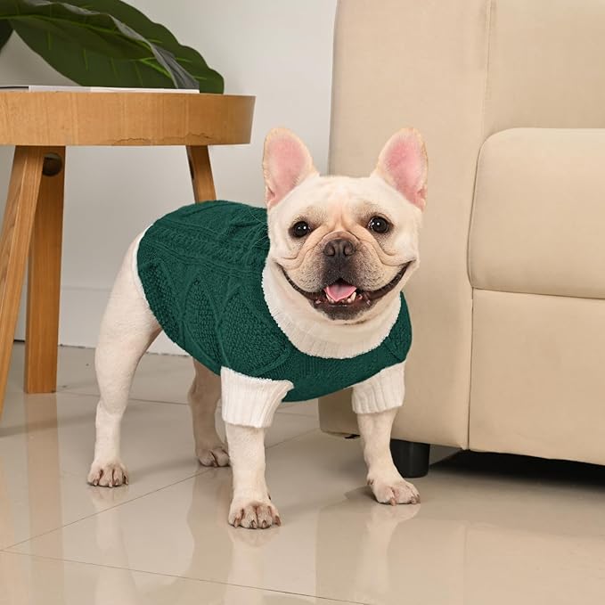 Dog Sweater for Medium Dogs Argyle Cable Knit Turtleneck Pullover Winter Clothes Boys Girls French Bulldog Dachshund Corgi Beagle Pug Pet (M, Green)