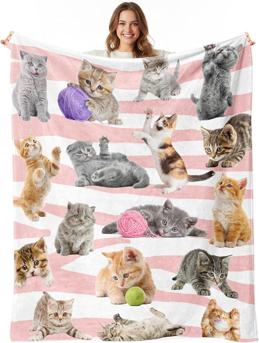 Cat Blanket for Girls Boys, Soft Flannel Fleece Throw Gifts, Lightweight Cozy Cute Cats Decor Blanket 50"x60"