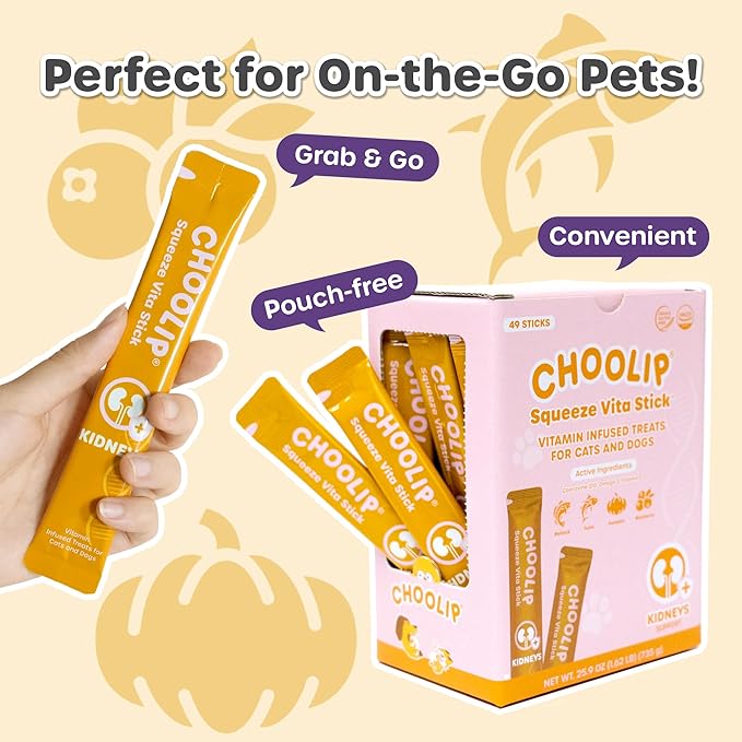 Choolip Squeeze Vita Stick Lickable Cat and Dog Treats – 49-Count Kidney Support Sticks with Multivitamins, Soft Squeezable Paste for All Life Stages, Supporting Kidney Health